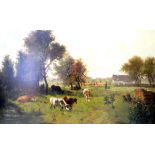 Landschaft mit Kühen und FeldarbeiternÖl/Leinwand. Blick auf eine Wiese mit Kühen,