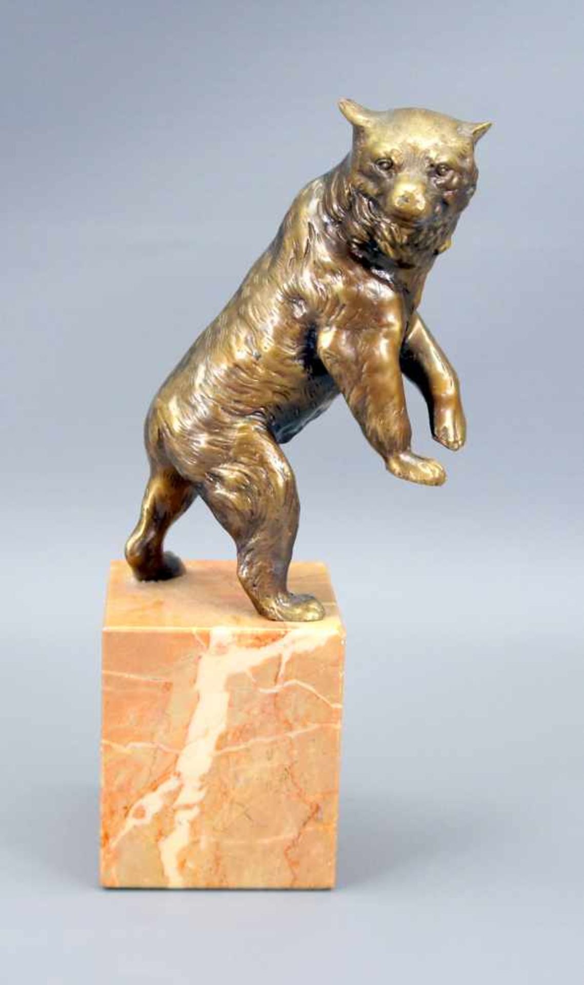 Stehender BärBronze, goldfarben patiniert, auf rechteckigem Sockel stehend. Bronzegus