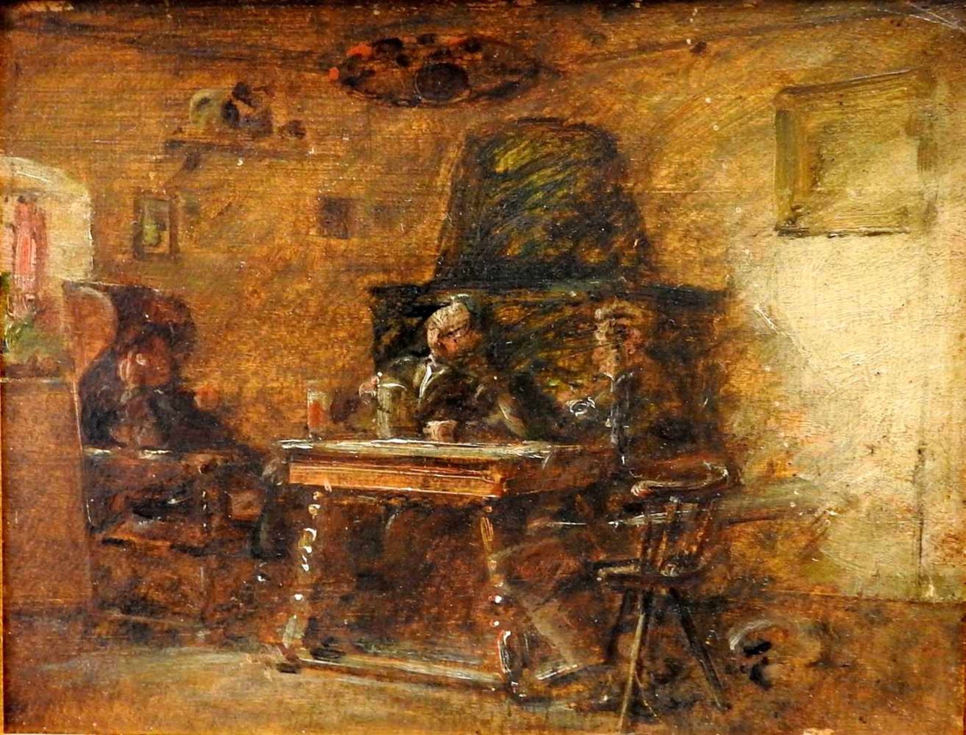 InterieurstudieÖl/Holz. In einer dunklen Wohnstube sitzen drei Personen vor einem Kac - Image 3 of 4