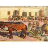 Ludwig Wieden, 1869 Blumenbach - 1947 GmundenÖl/Leinwand. Pferdekarren auf Marktplatz