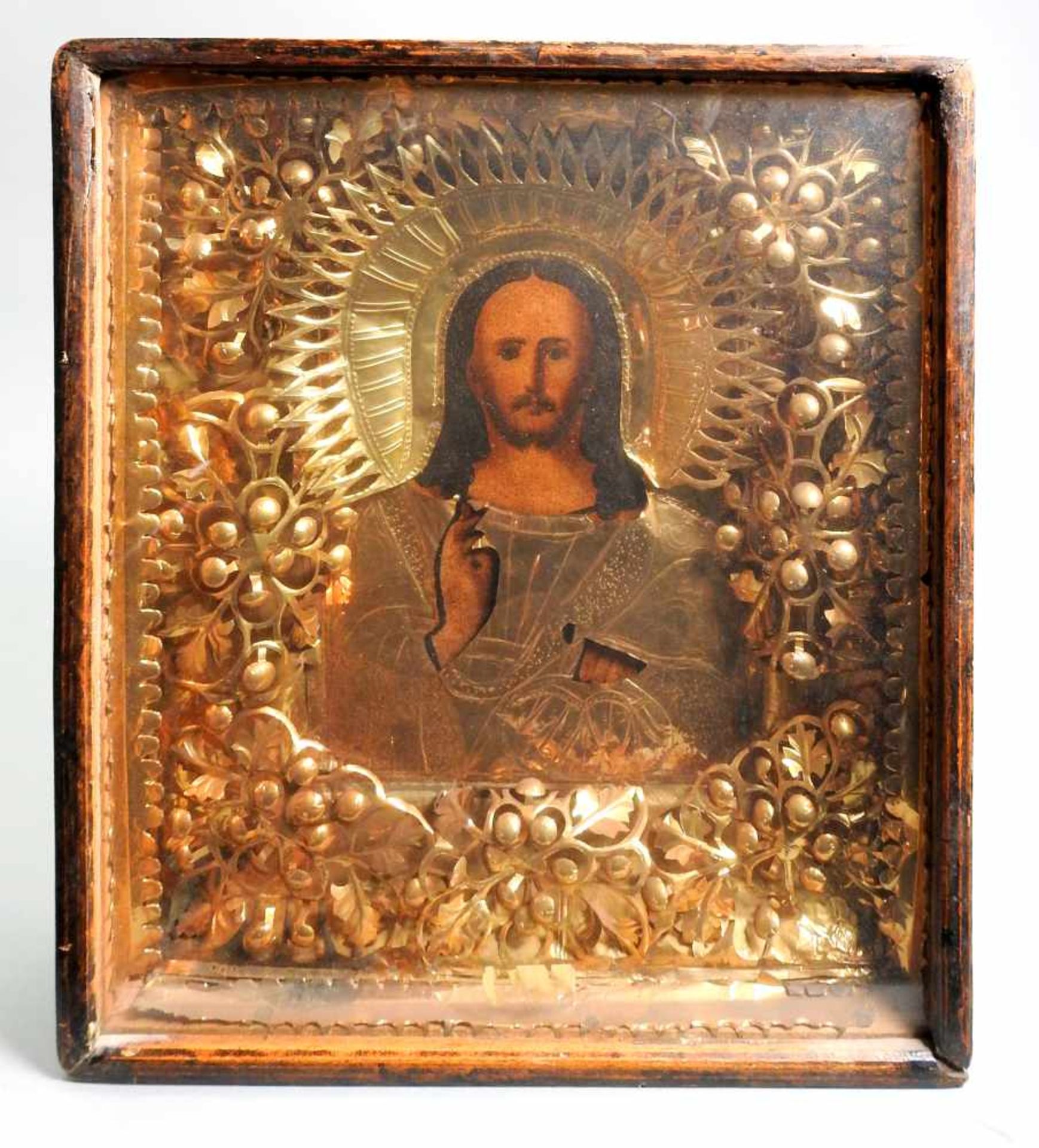 Ikone des Christi PantokratorTempera auf Kreidegrund/Holz, polychromstaffiert. Frontal