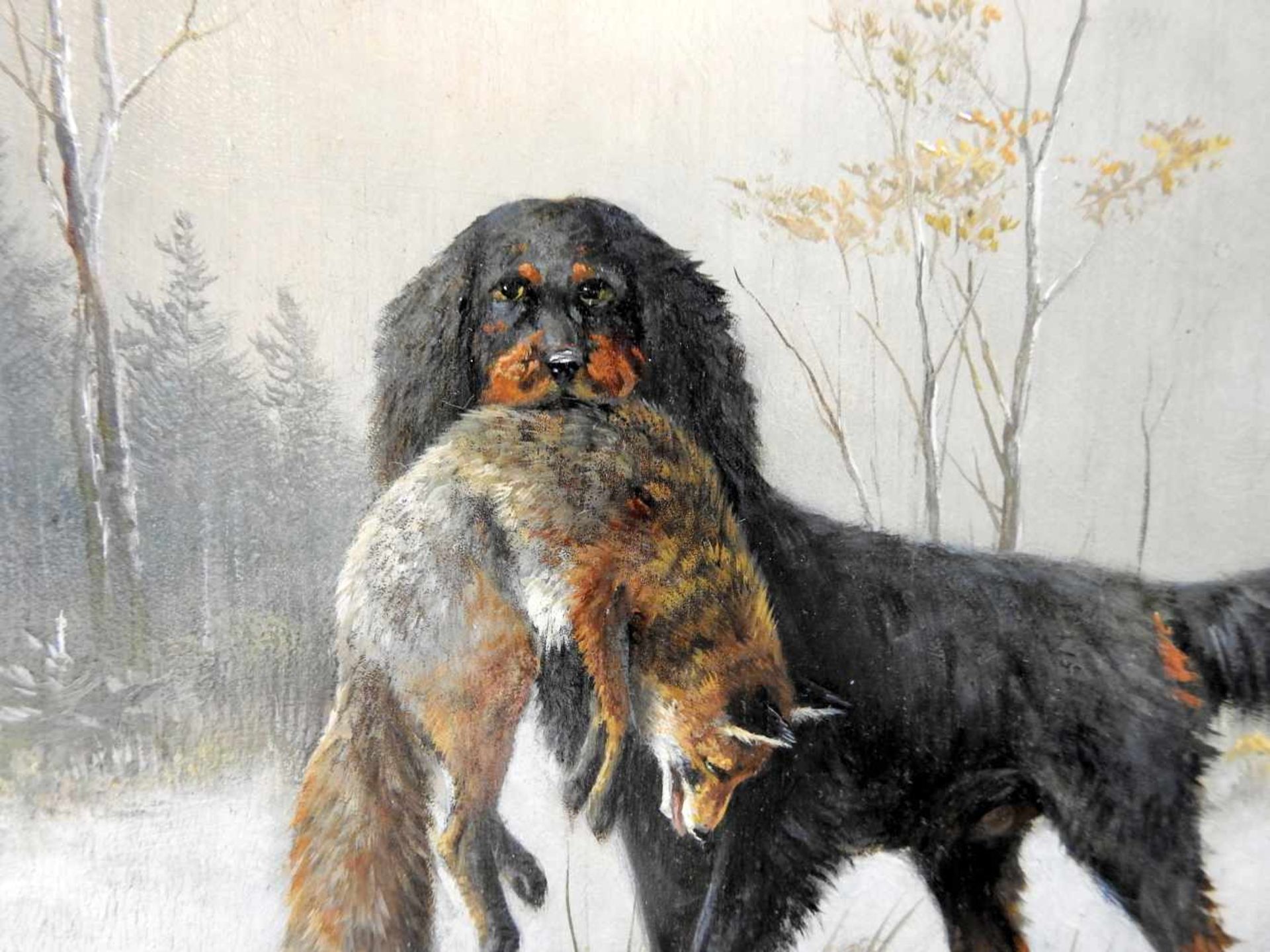 Moritz Müller, 1841 München - 1899 ebendaÖl/Holz. Jagdhund mit erbeutetem Fuchs in - Image 3 of 5