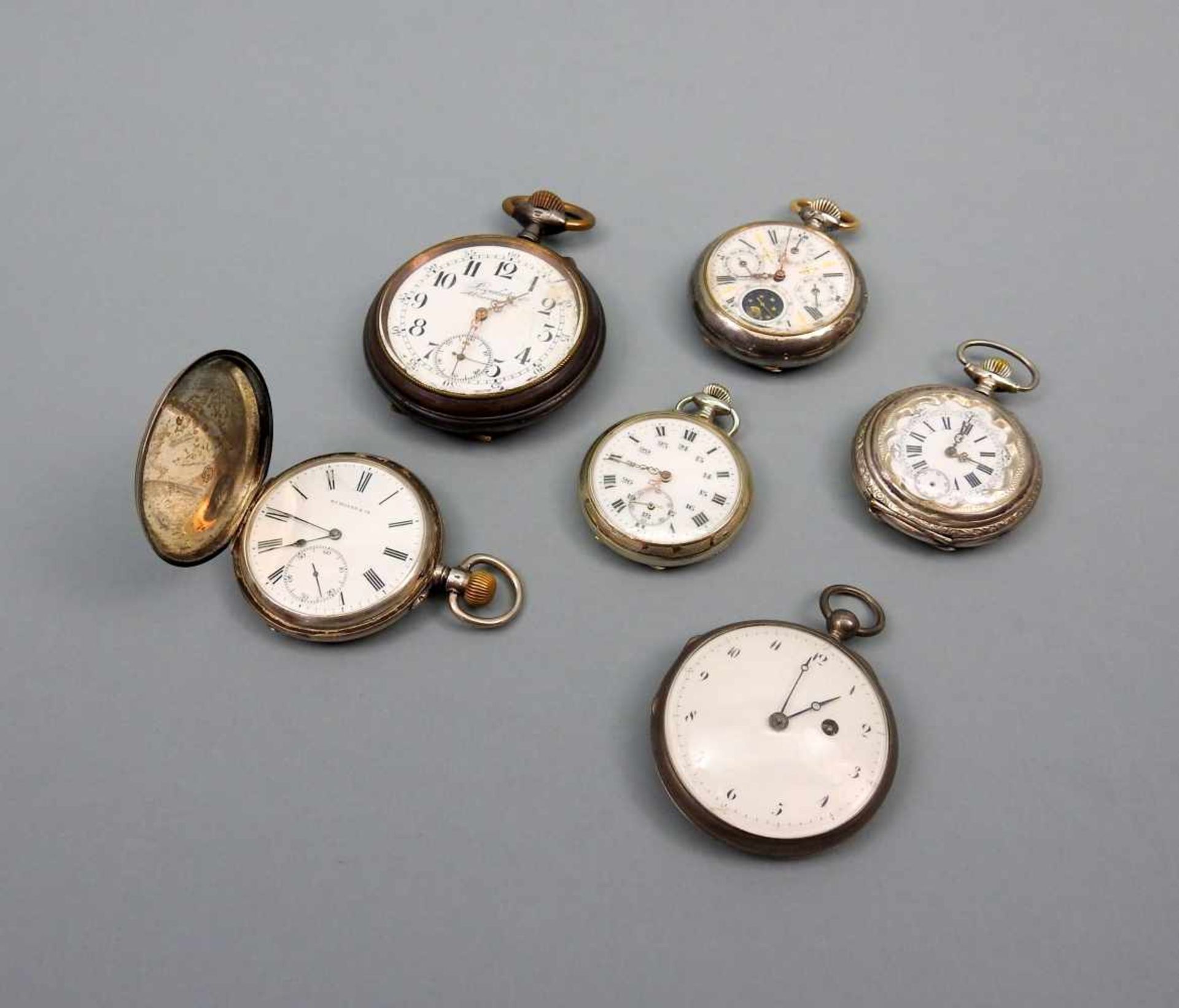 Konvolut von TaschenuhrenSilber und Metall, das Konvolut besteht aus 6 Taschenuhren (5