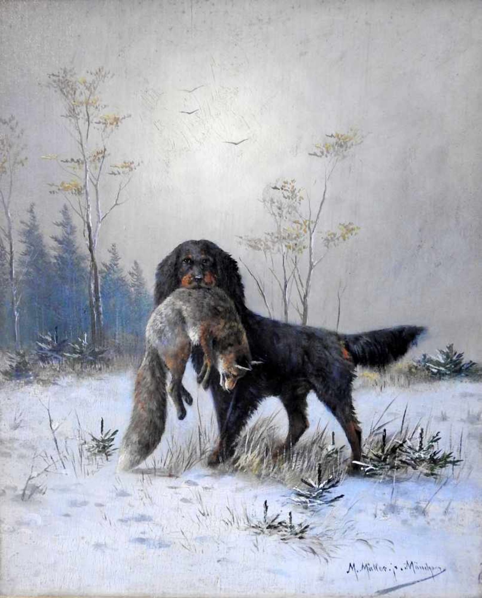 Moritz Müller, 1841 München - 1899 ebendaÖl/Holz. Jagdhund mit erbeutetem Fuchs in