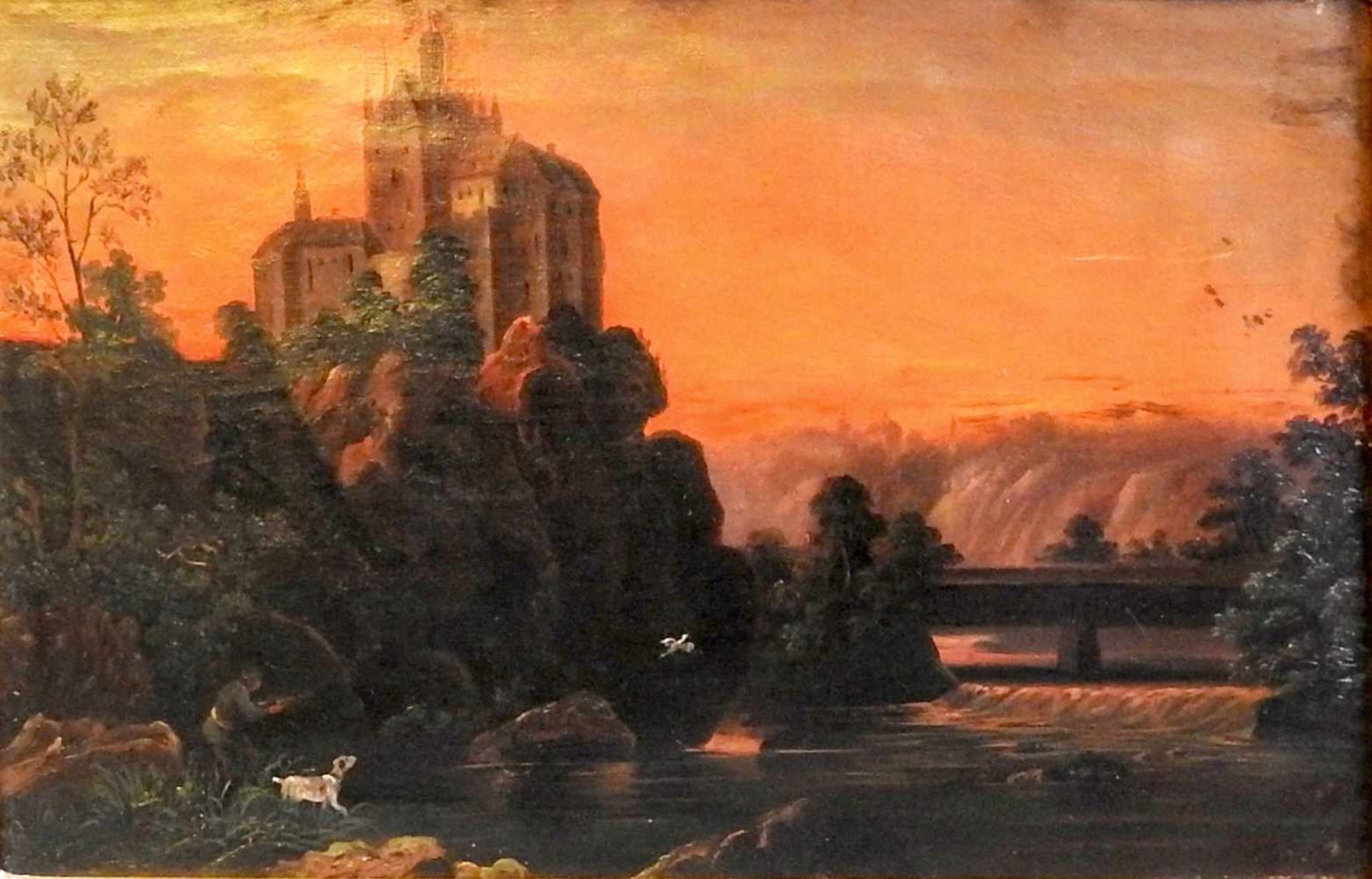Landschaftsdarstellung einer BurgÖl/Leinwand. Das Gemälde zeigt einen Jägersmann de