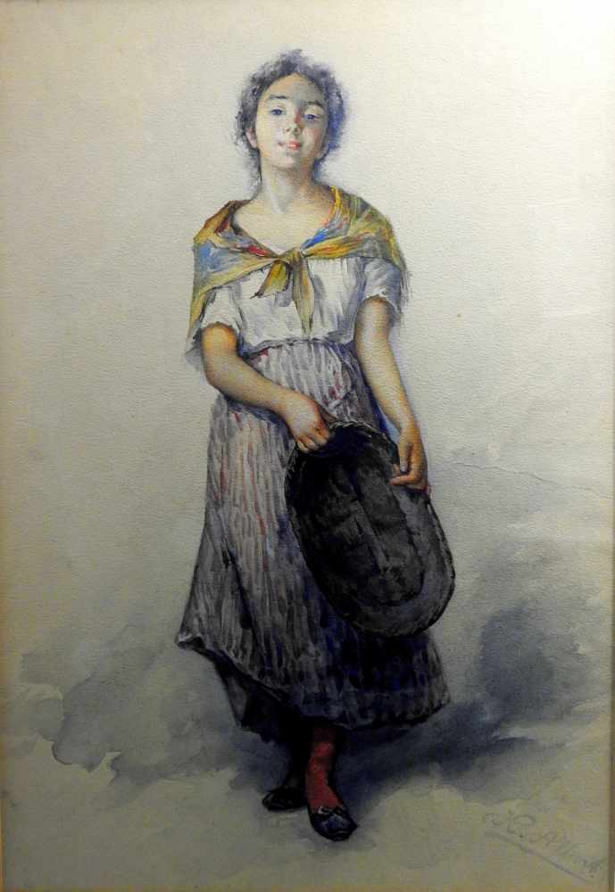 Bildnis eines BauernmädchensAquarell/Papier. Ein Bauernmädchen mit einem ovalen Korb