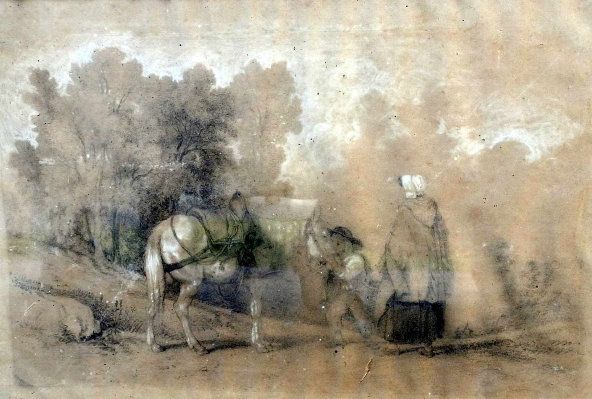 BegrüßungBleistiftzeichnung. Ein Mann begrüßt Frau und Pferd. Verso am Rahmen "Jea