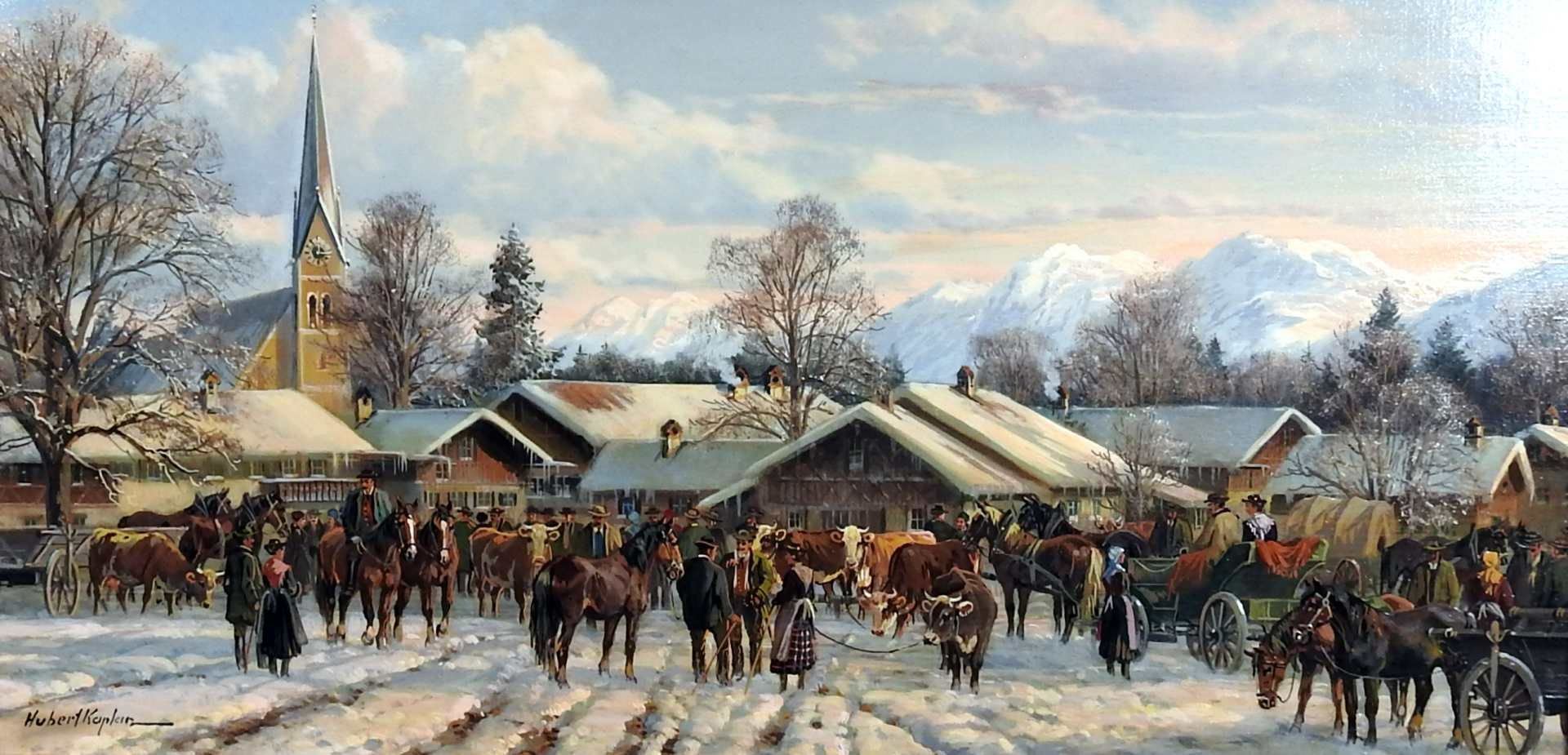 Hubert Kaplan, 1940 MünchenÖl/Holz. Viehmarkt im Winter. Auf einem verschneiten Dorf