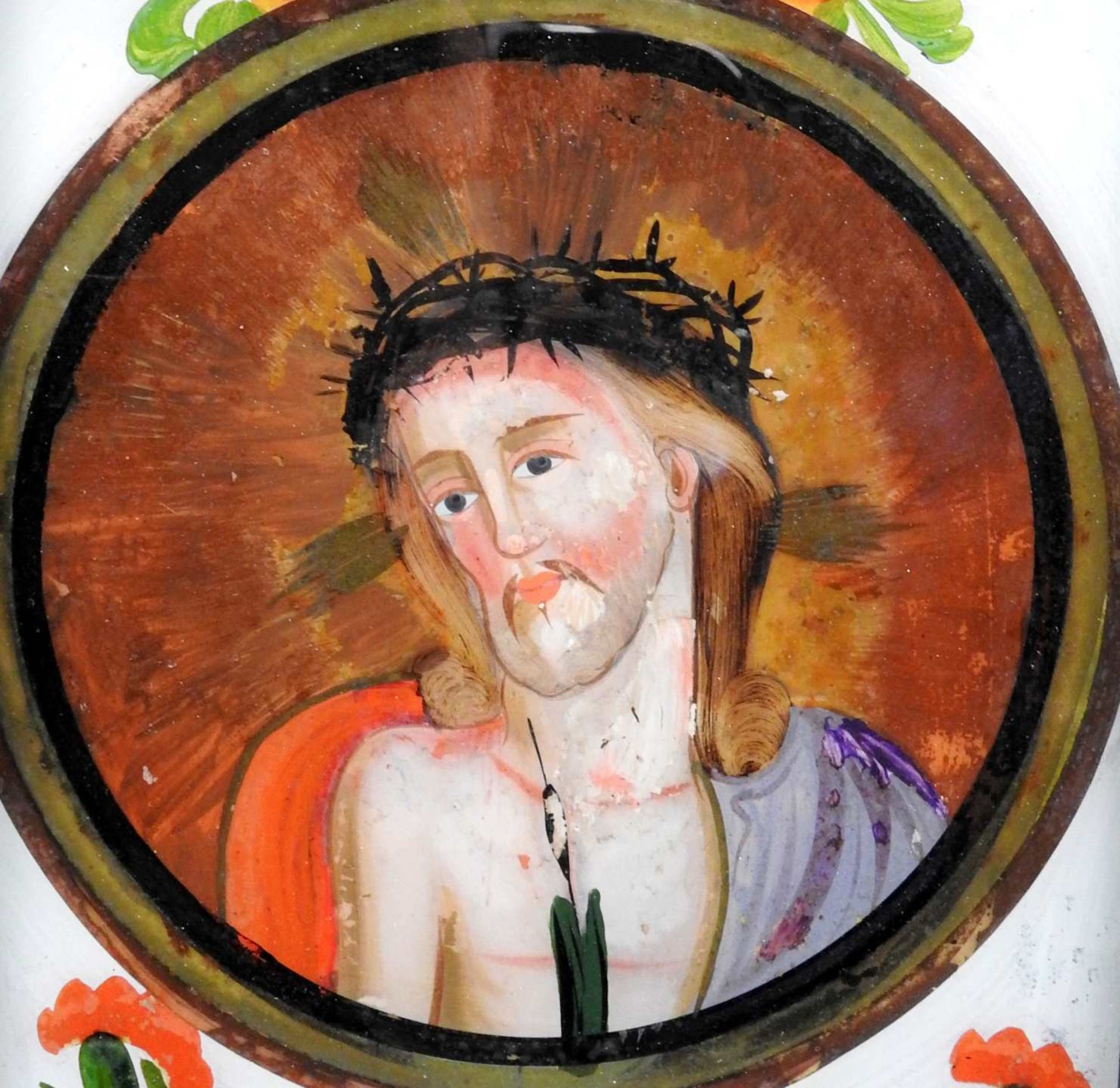 Ecce HomoHinterglasmalerei. Jesus mit Dornenkrone und Lilie. Am unteren Rand mit „Ec - Bild 2 aus 4