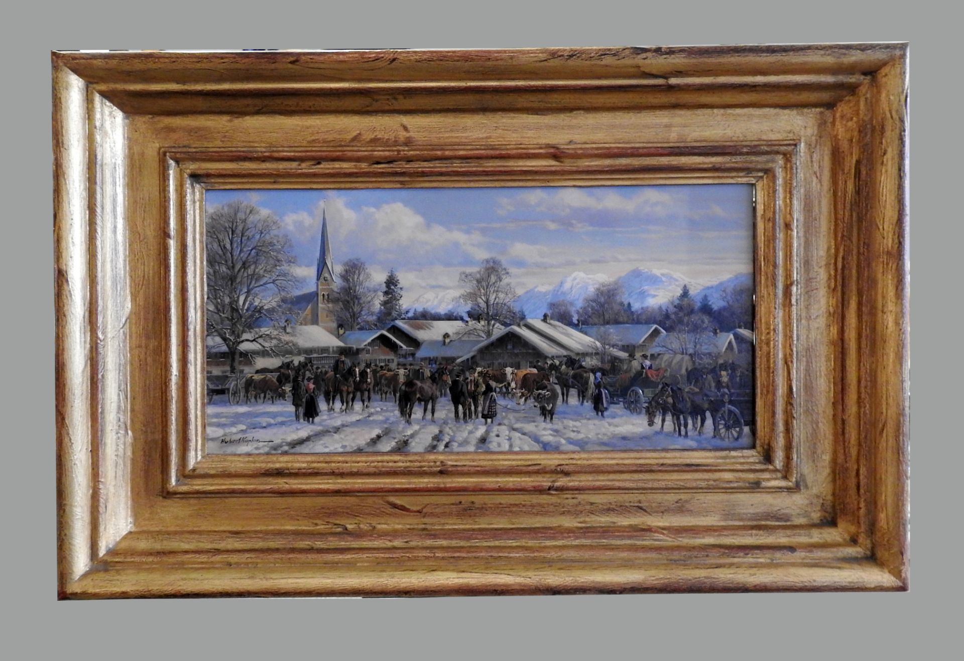 Hubert Kaplan, 1940 MünchenÖl/Holz. Viehmarkt im Winter. Auf einem verschneiten Dorf - Image 2 of 4