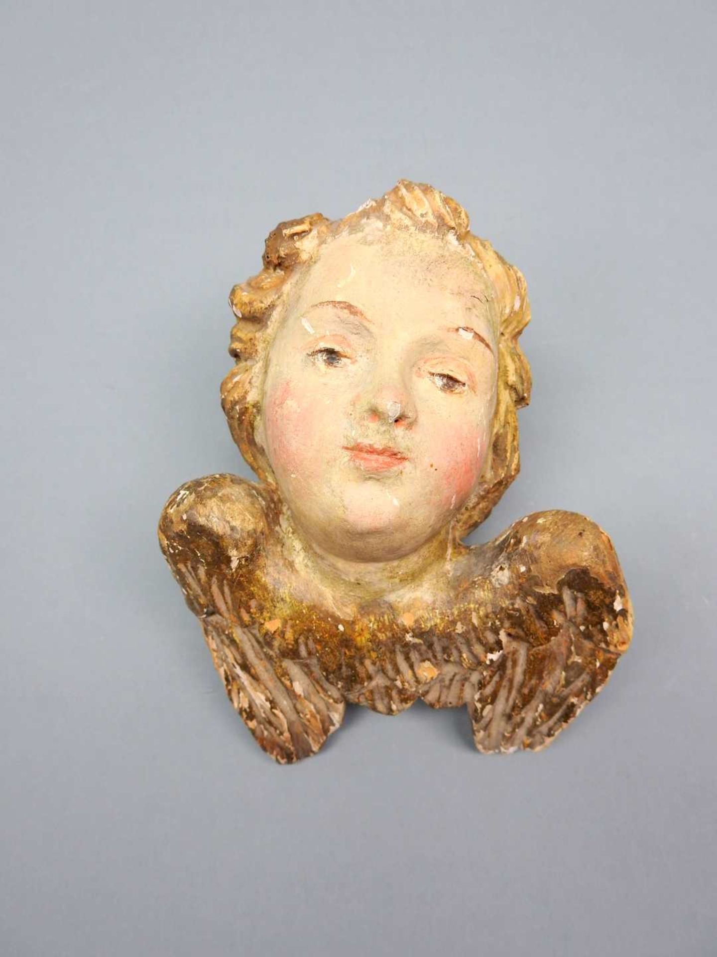 Paar Cherub-KöpfeHolz geschnitzt, polychrom gefasste Cherub-Köpfe mit goldfarbenen F - Image 2 of 6