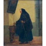KircheninterieurÖl/Leinwand. Eine alte Dame in schwarzem Gewand legt in einer Kirche