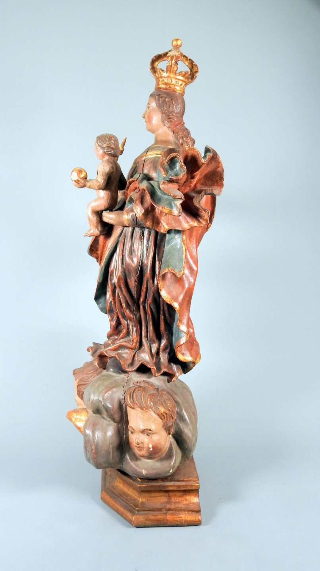 Madonna ImmaculataHolz, handgeschnitzt, polychrom und goldstaffiert. Auf einer 6-eckig - Image 7 of 8