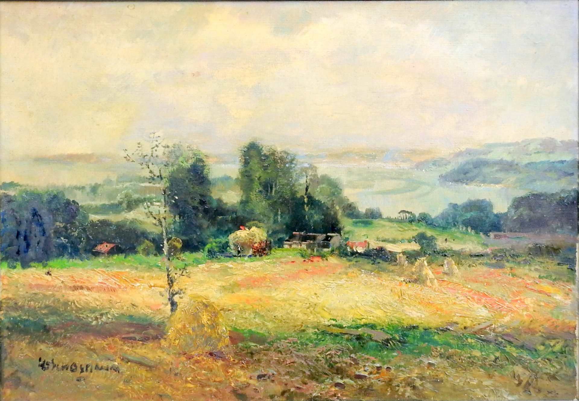 Ludwig Gschossmann, 1913 München - 1988 Tegernsee Öl/Leinwand. Heuernte am Tegernsee