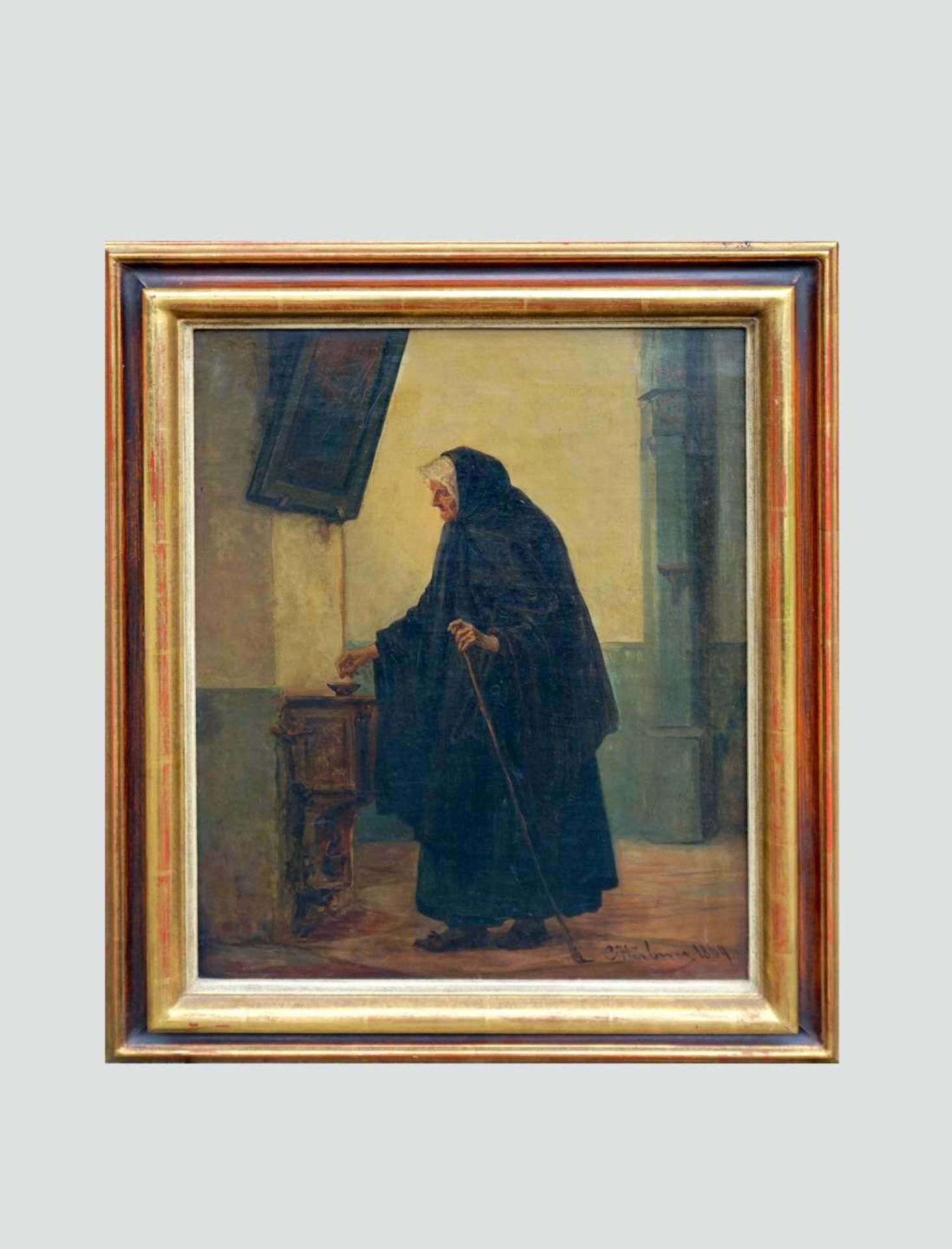 Kircheninterieur Öl/Leinwand. Eine alte Dame in schwarzem Gewand legt in einer Kirche - Bild 2 aus 6