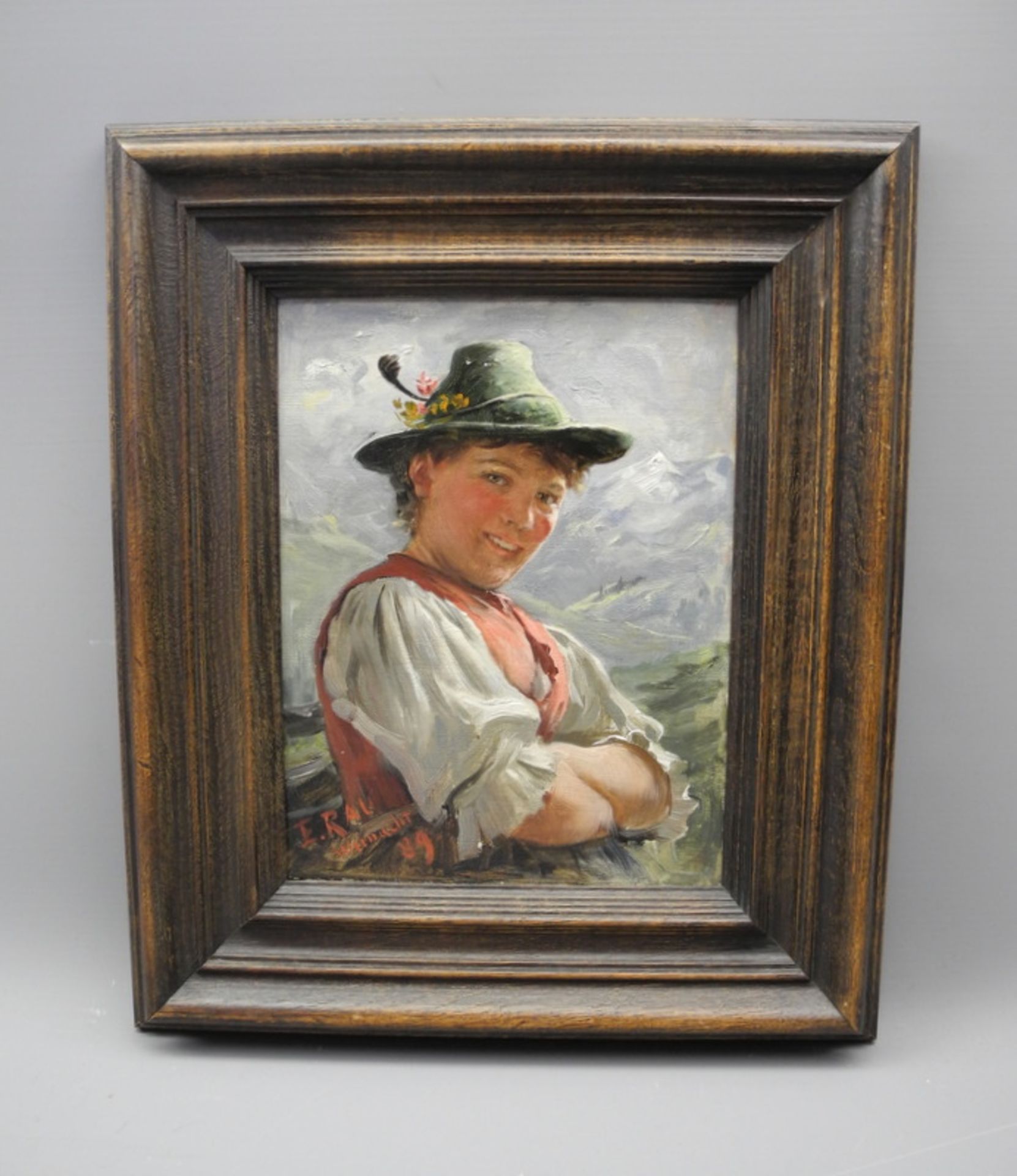 Emil Rau, 1858 Dresden - 1937/40 München Öl/Malkarton. Junge Almbäuerin vor Alpenku - Bild 3 aus 3