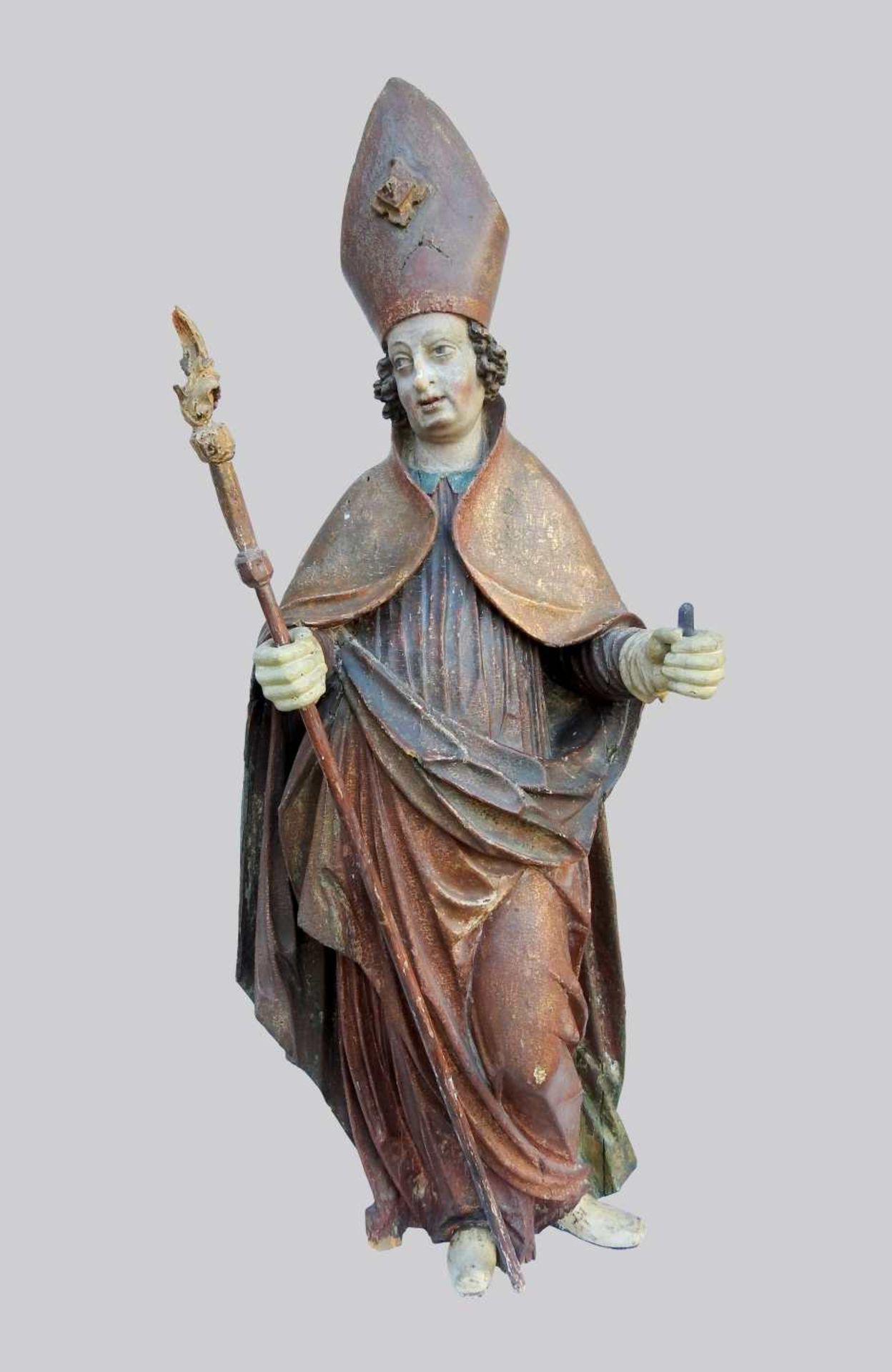 Imposante Figur eines Bischofs Holz, geschnitzt und polychrom gefasst, teils vergoldet