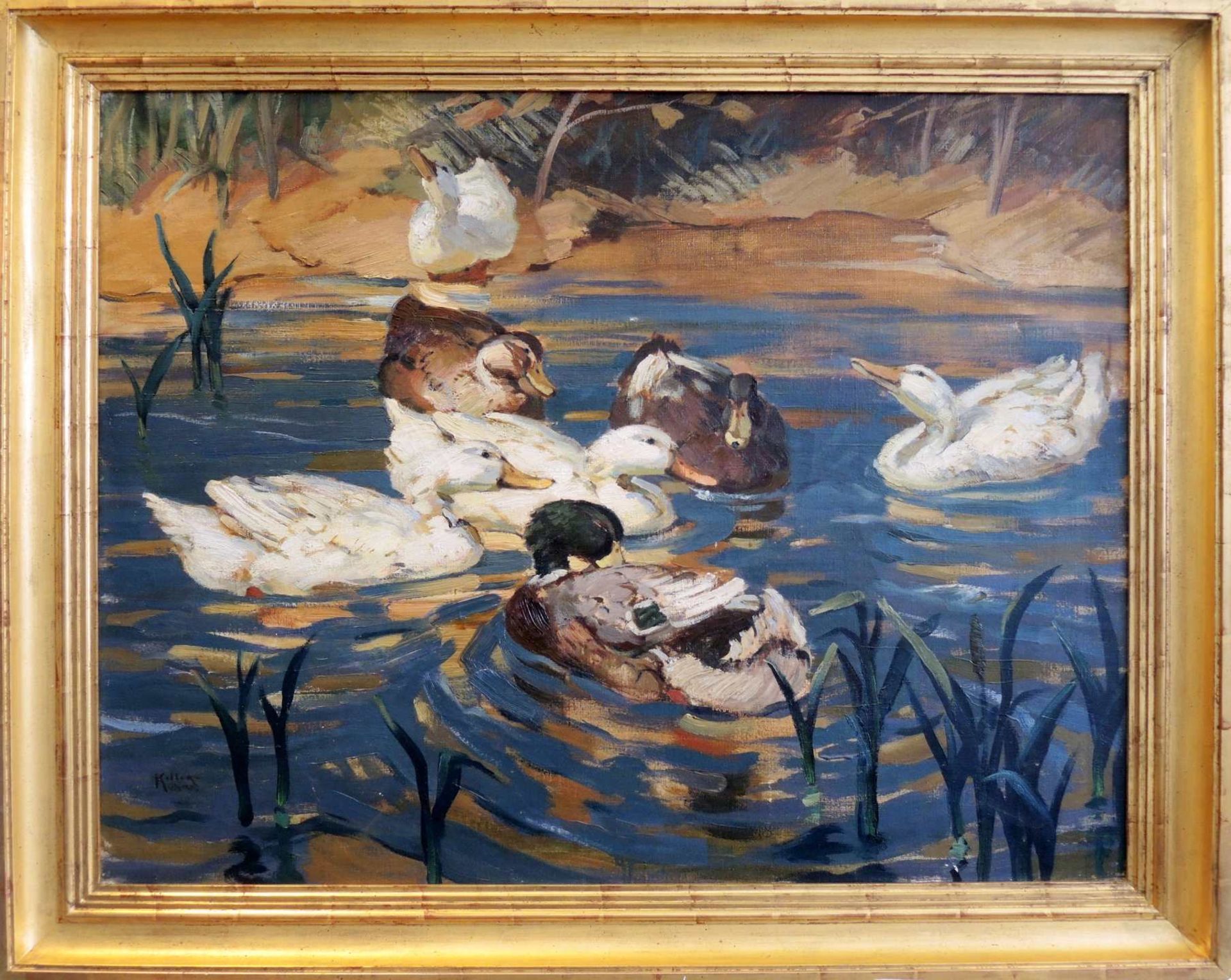 Josef Woldemar Keller-Kühne, 1902 München - 1991 Miesbach Öl/Leinwand. Enten am Tei - Bild 2 aus 2