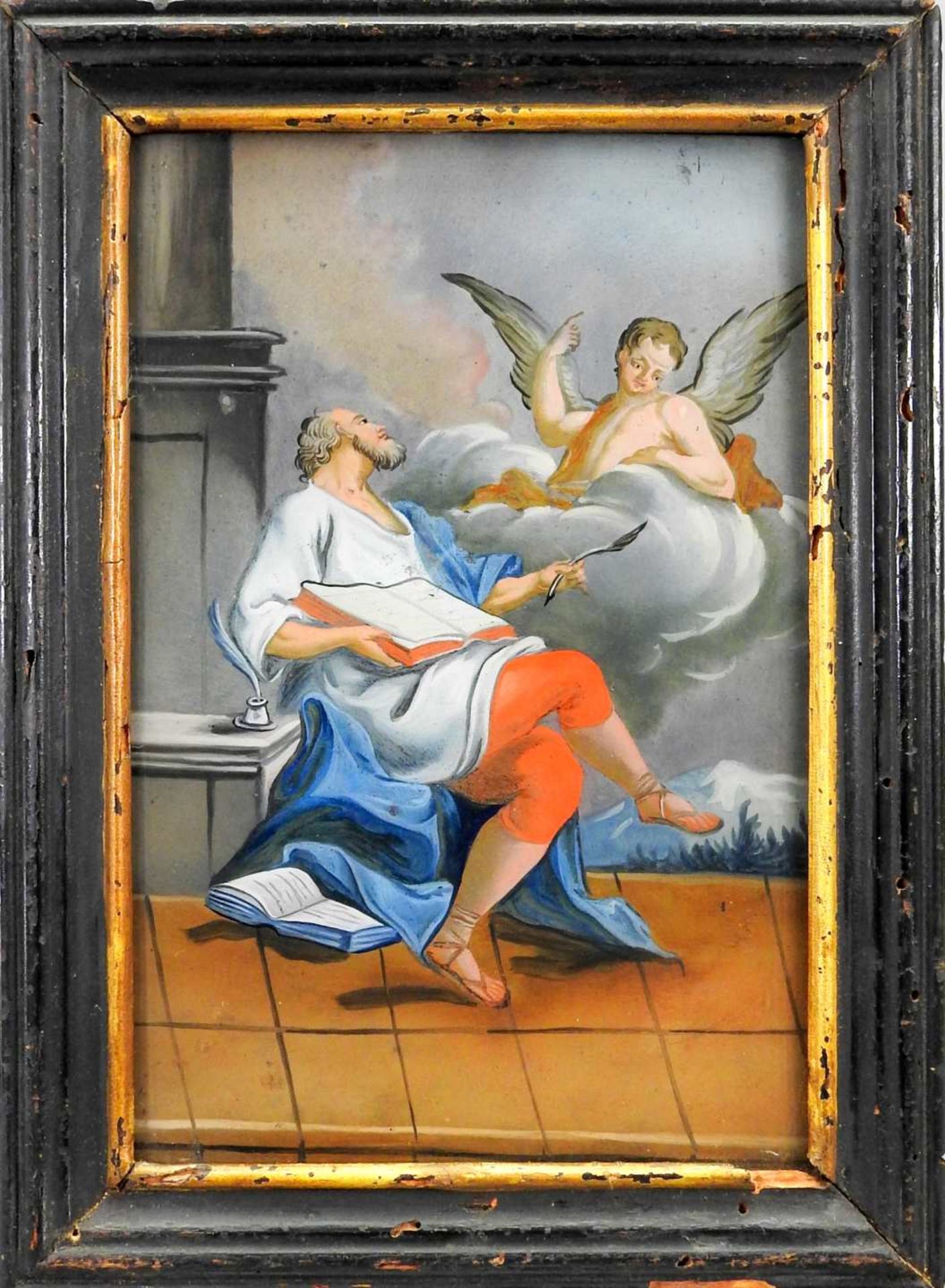 Heiliger Matthäus Evangelist Hinterglasmalerei. Detailreiche und feine Darstellung de