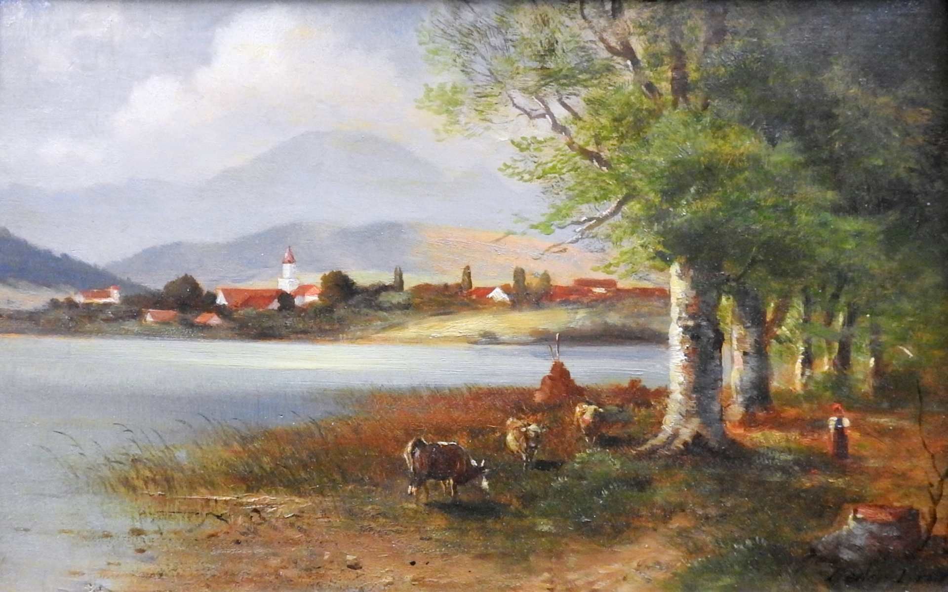 Franz Reder-Broili, 1854 Mellrichstadt - 1918 München Öl/Holz. Seeansicht vor Bergku