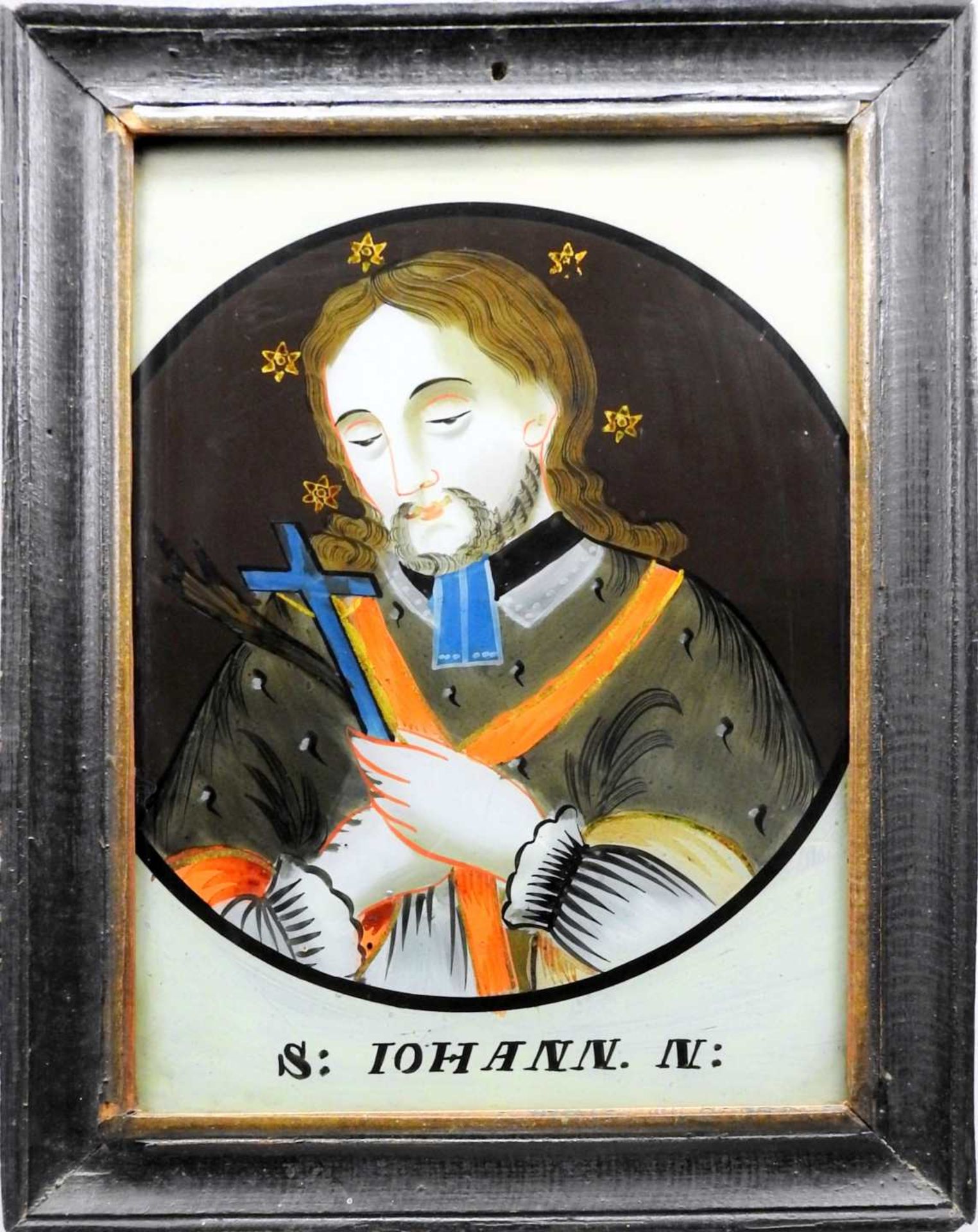 Heiliger Johannes Nepomuk Hinterglasmalerei. Im Kreis dargestellter Hl. Johannes Nepom