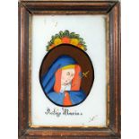 Heilige Mater Dolorosa Hinterglasmalerei. Im Kreis dargestellte Gottesmutter, leidend