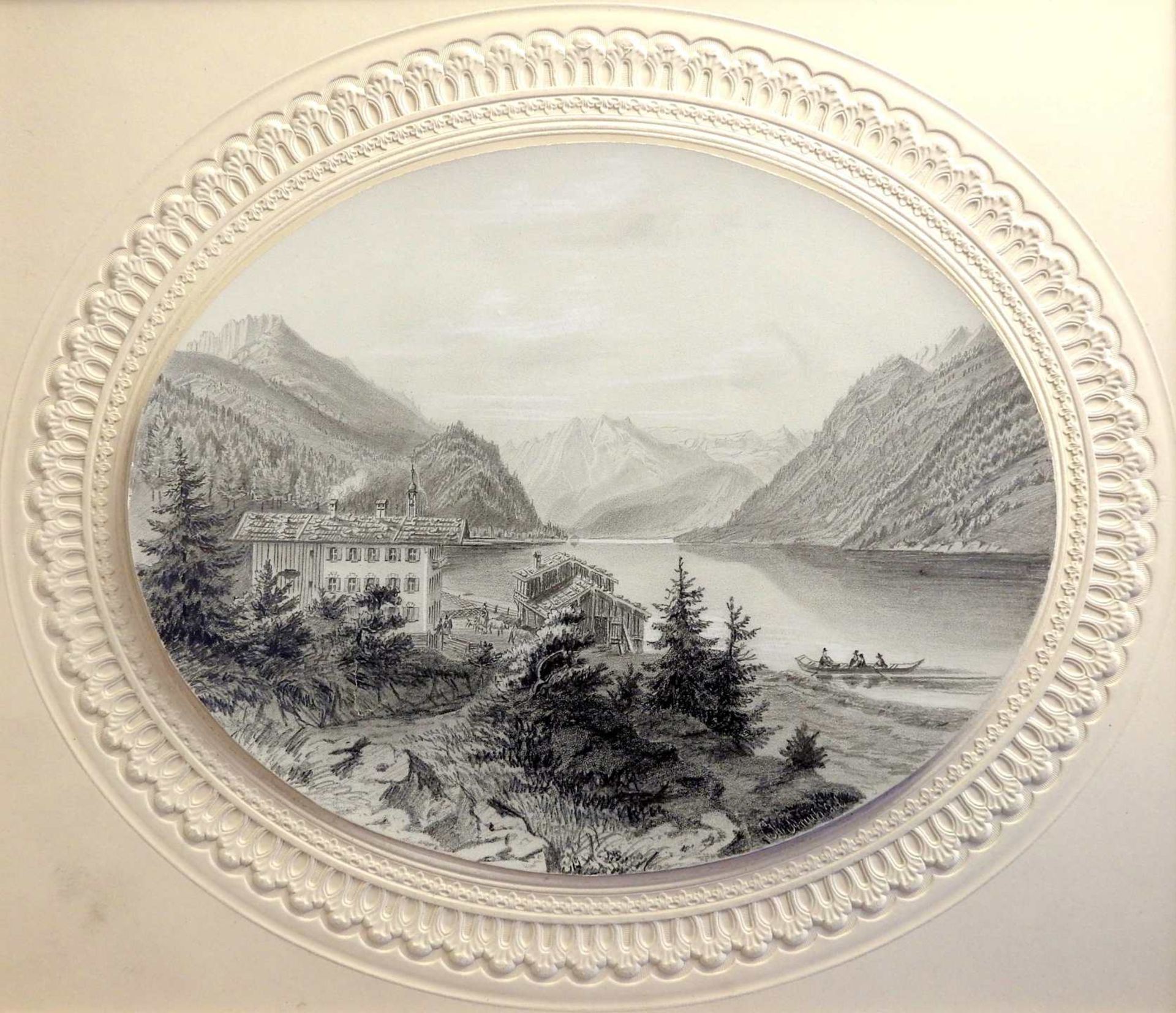 Ansichten des Tegernseer Landes Bleistift, weiß gehöht/Papier. 6 ovale Ansichten ver - Image 4 of 7