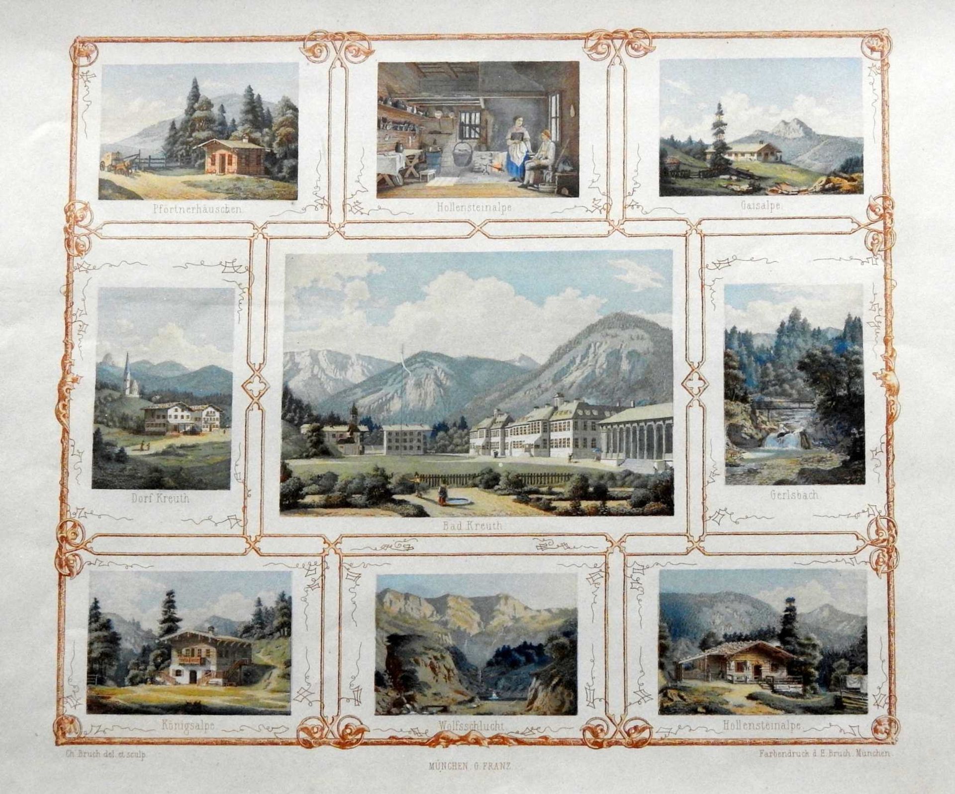 Ansichten von Wildbad Kreuth Farblithographie/Papier. 9 Lithographien verschiedener Al