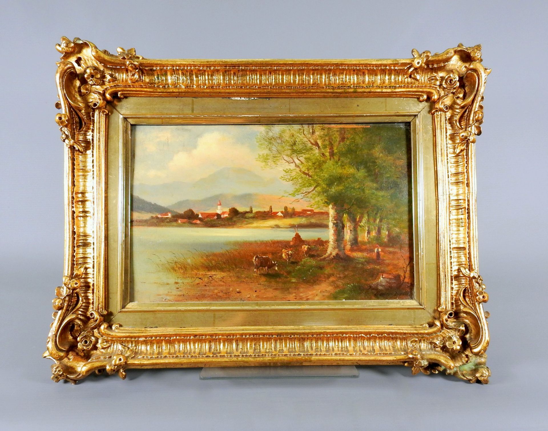 Franz Reder-Broili, 1854 Mellrichstadt - 1918 München Öl/Holz. Seeansicht vor Bergku - Bild 3 aus 6