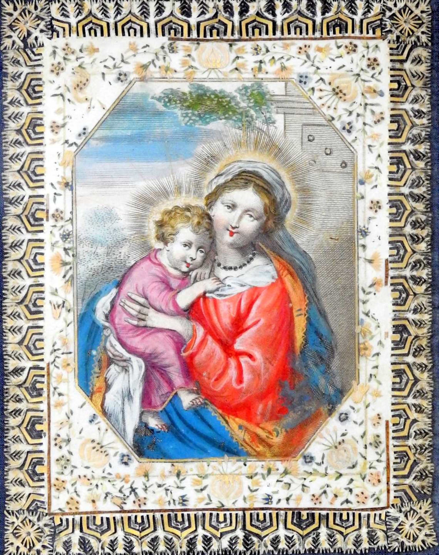 Klosterarbeit mit der Gottesmutter und Kind Handkolorierter Kupferstich/Papier. Die Go - Image 3 of 4
