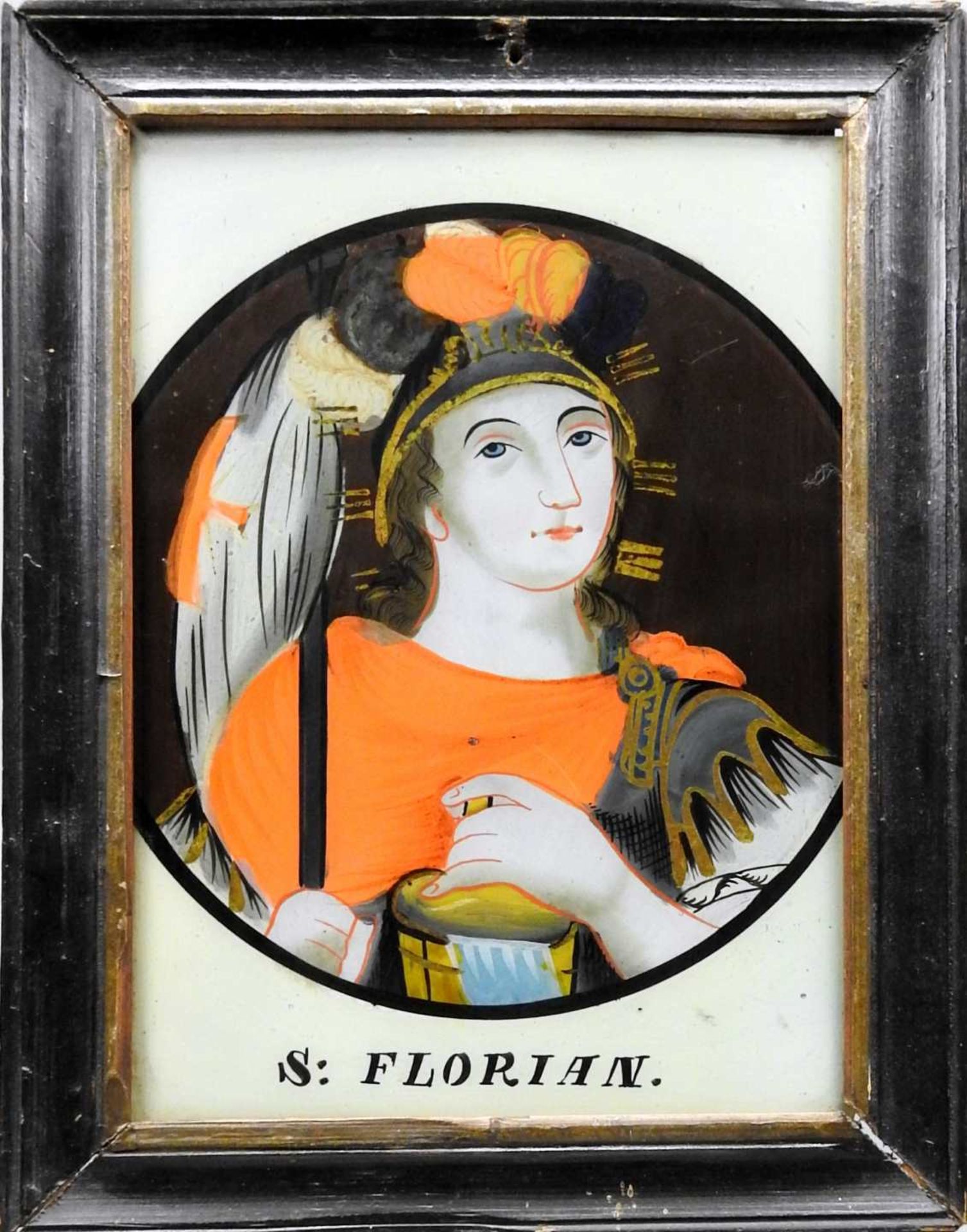 Heiliger Florian von Lorch Hinterglasmalerei. Im Kreis dargestellter Hl. Florian, in s