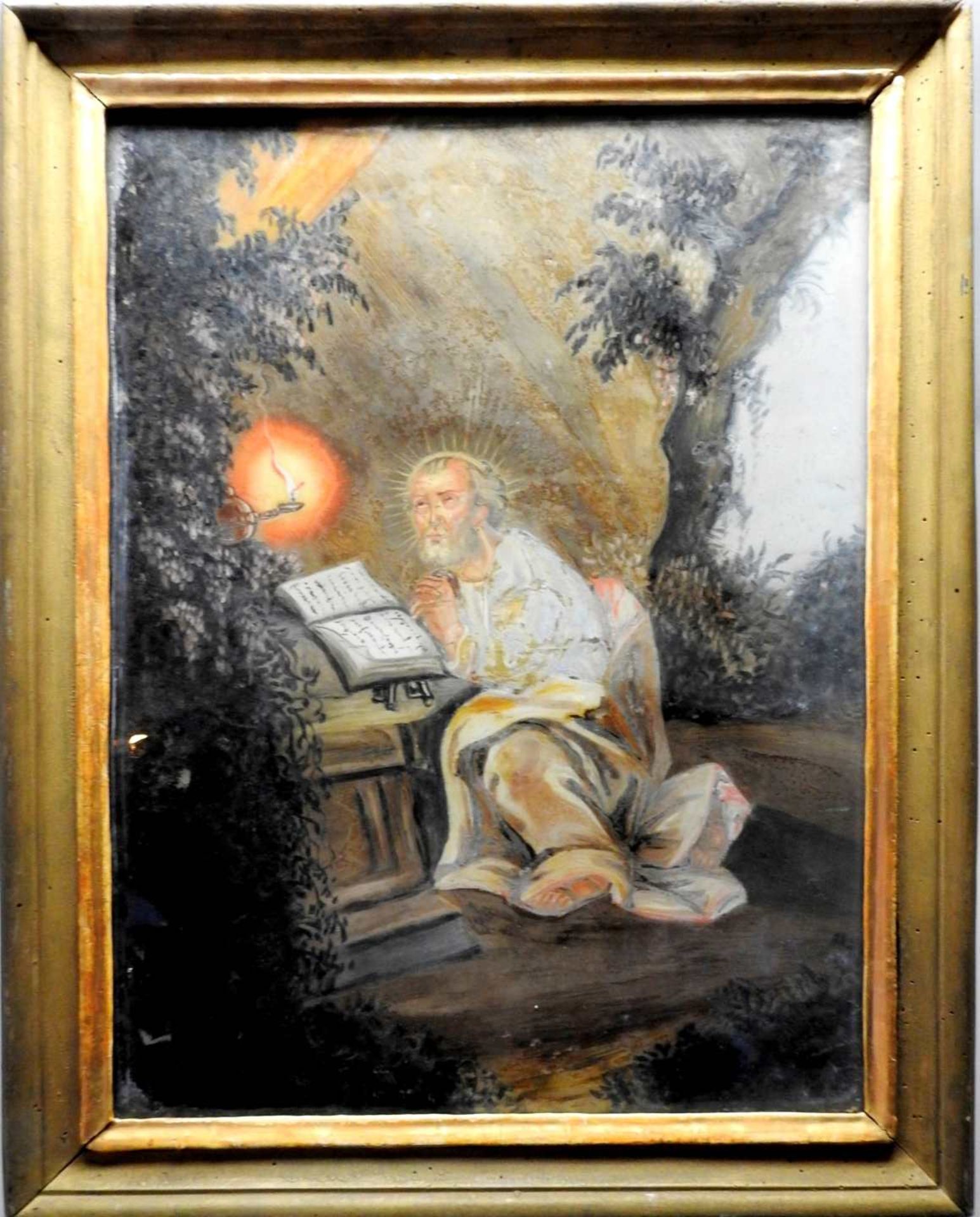 Heiliger Petrus Hinterglasmalerei. In einer Grotte sitzt der betende Petrus. Min. F.a.