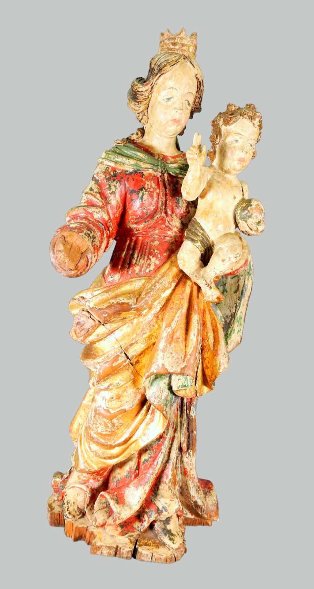 Gottesmutter mit Jesuskind Holz, original polychrom gefasst und goldstaffiert. Maria, - Image 2 of 8