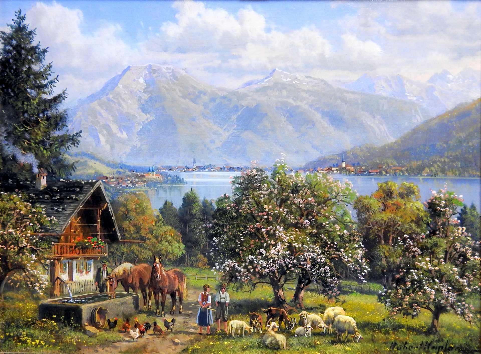 Hubert Kaplan, 1940 München Öl/Holz. Blick von Holz aus über den Tegernsee. Im Vord