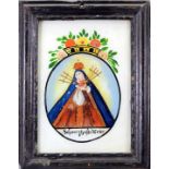 Heilige Mater Dolorosa Hinterglasmalerei. Im Kreis dargestellte Gottesmutter, mit sieb