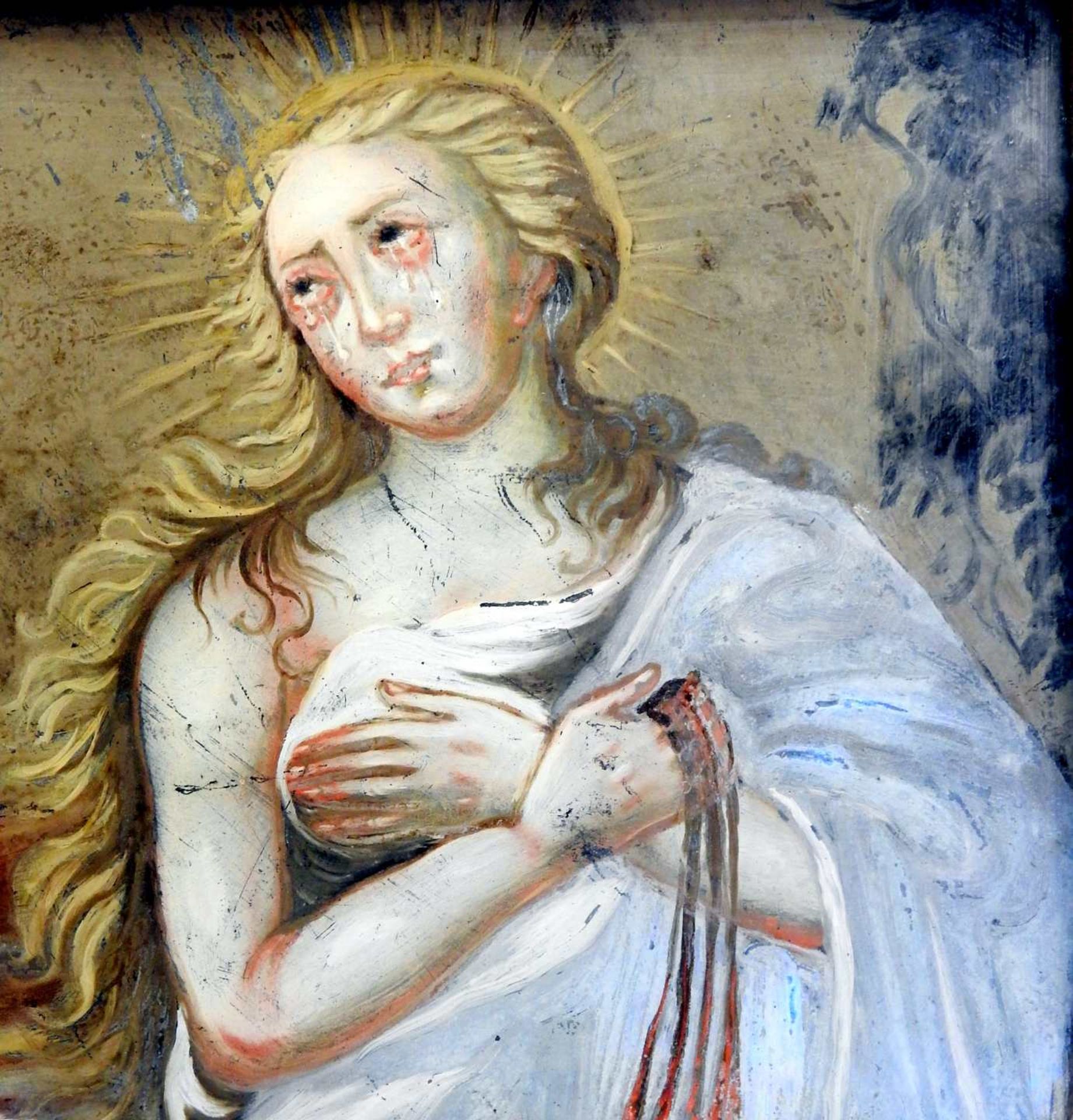 Leidende Heilige Maria Magdalena Hinterglasmalerei. Weinende Hl. Maria von Magdala mit - Image 3 of 3