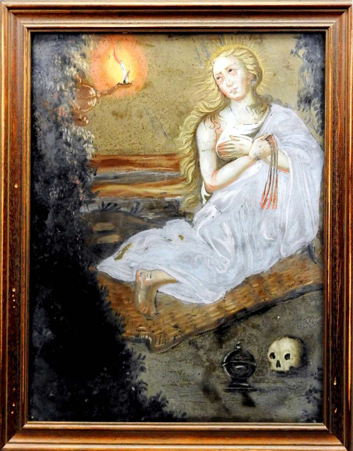 Leidende Heilige Maria Magdalena Hinterglasmalerei. Weinende Hl. Maria von Magdala mit