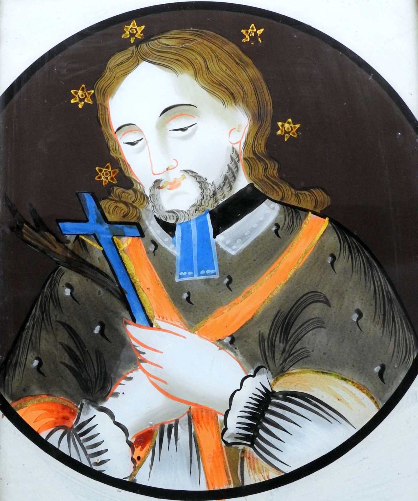 Heiliger Johannes Nepomuk Hinterglasmalerei. Im Kreis dargestellter Hl. Johannes Nepom - Image 3 of 3