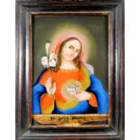 Heiliger Herz Mariens Hinterglasmalerei. Vor dunklem Hintergrund frontale Darstellung
