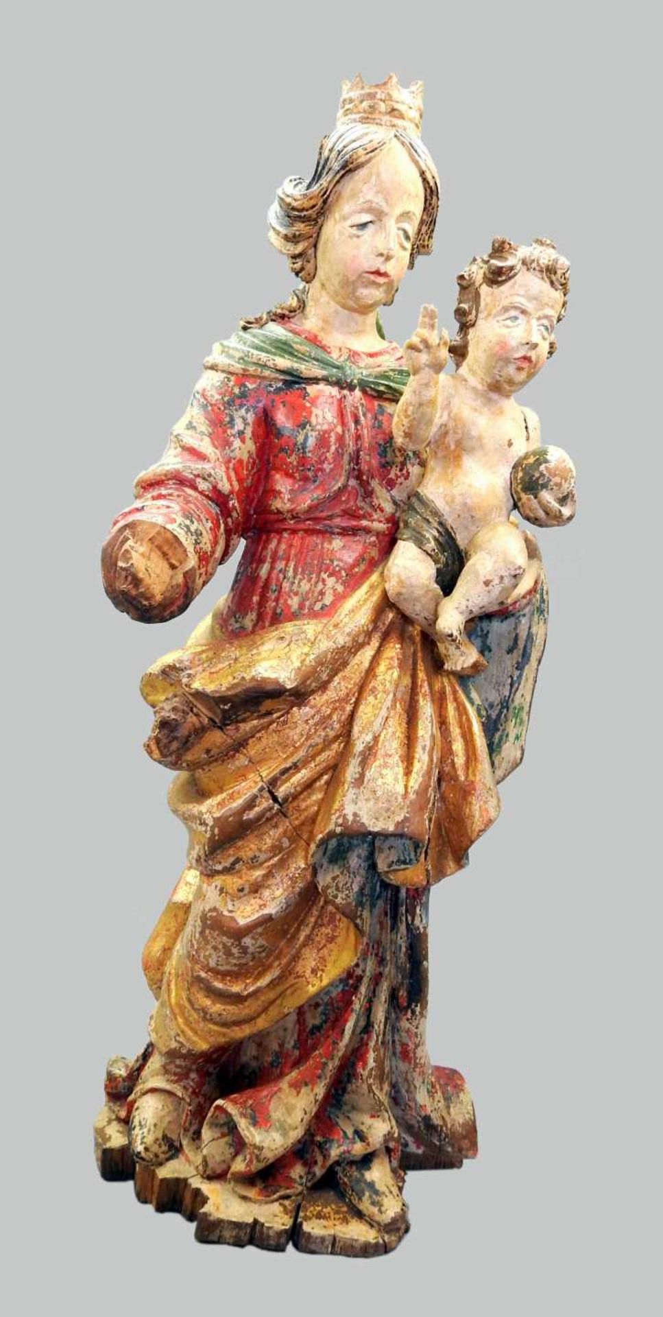 Gottesmutter mit Jesuskind Holz, original polychrom gefasst und goldstaffiert. Maria,