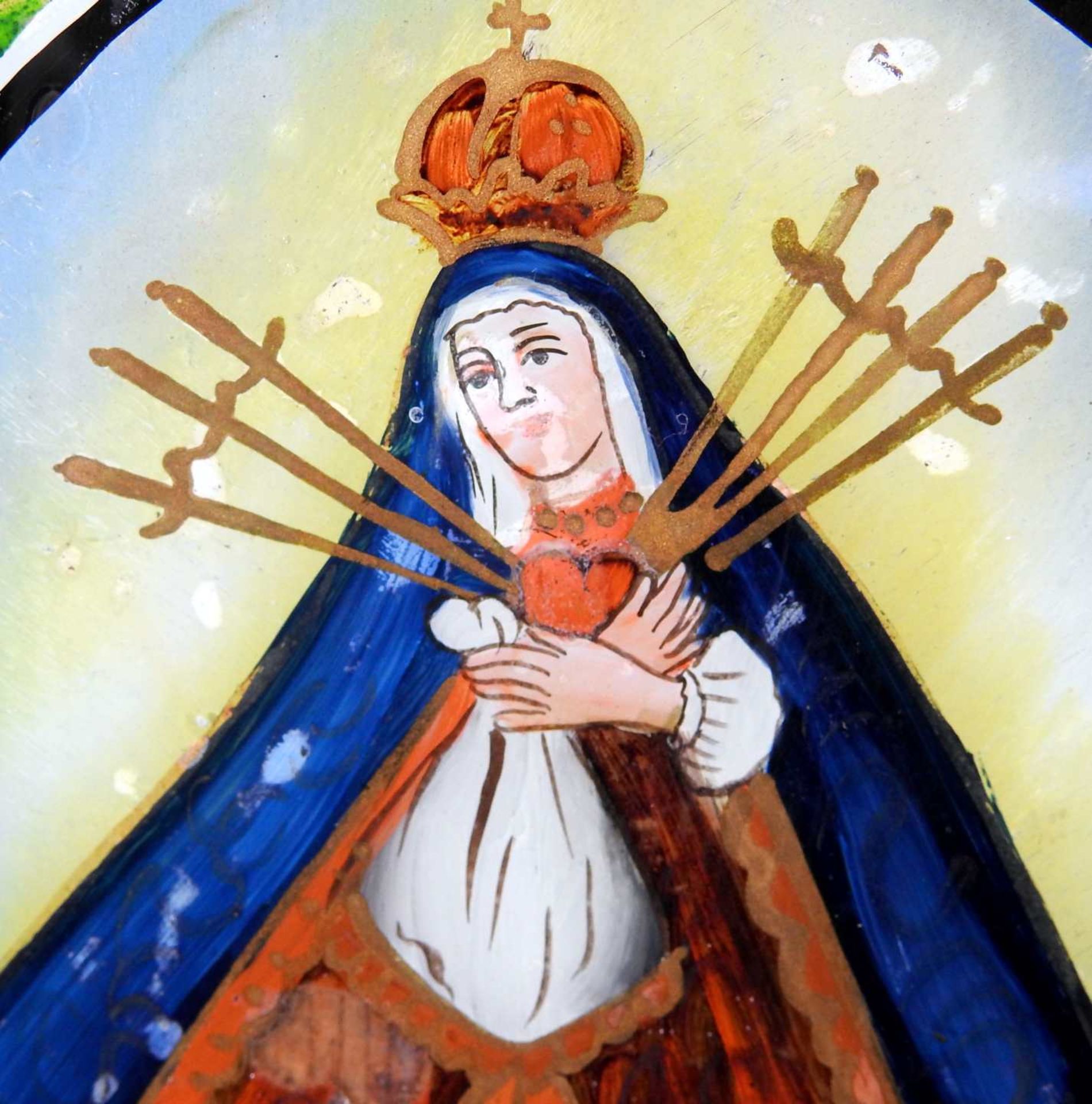 Heilige Mater Dolorosa Hinterglasmalerei. Im Kreis dargestellte Gottesmutter, mit sieb - Image 3 of 4