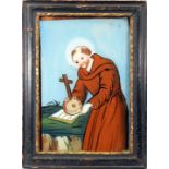 Heiliger Franziskus von Assisi Hinterglasmalerei. Vor hellblauem Hintergrund stehender