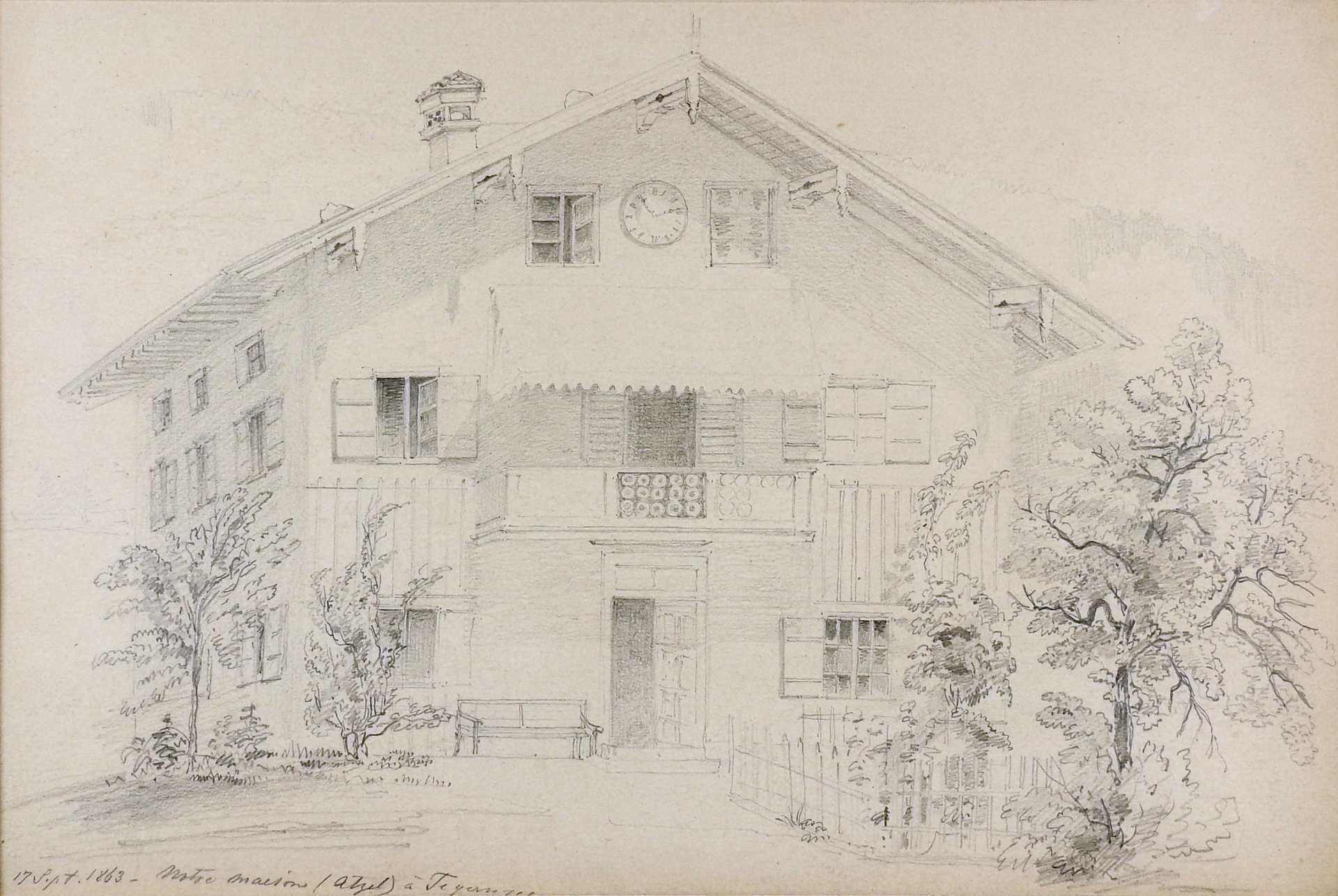 Feine Zeichnung der Tegernseer Rosenstraße Bleistift/Papier. Ansicht eines Hauses in