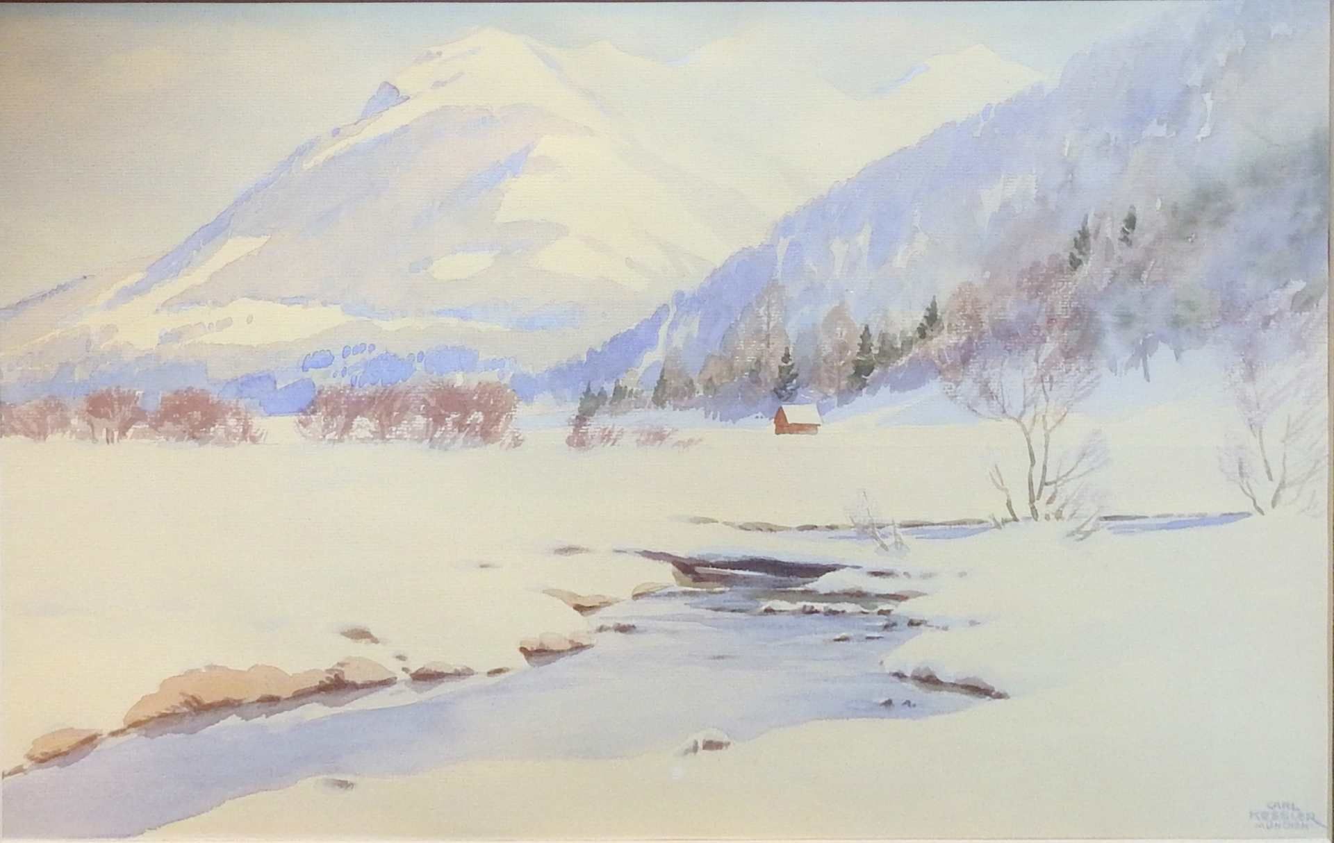 Carl Kessler, 1876 Coburg - 1968 München Aquarell/Papier. Eine schneebedeckte Berglan