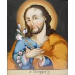 Heiliger Joseph Hinterglasbild, gerahmt. Darstellung des heiligen Joseph mit Lilien al