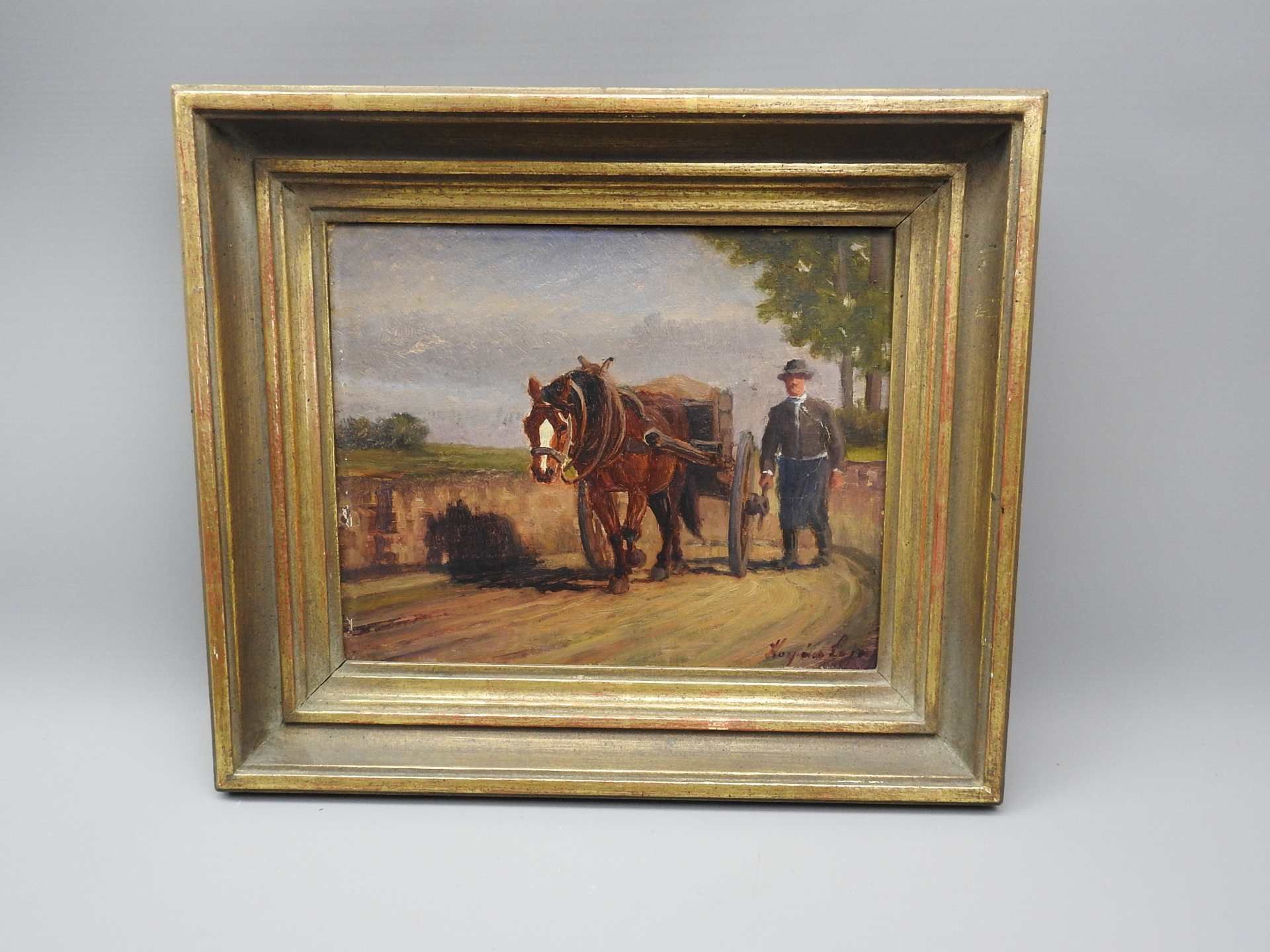 Bauer mit Einspänner Öl/Malkarton. Bauer mit seinem Pferdekarren auf dem Heimweg nac - Image 2 of 2