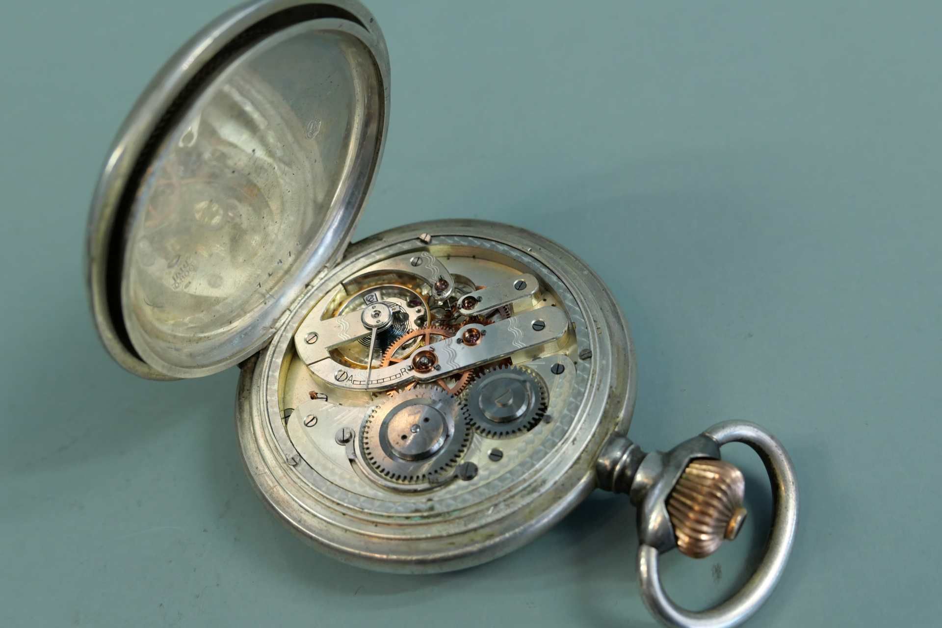 Taschenuhr Vollkalender Silber 800. Außergewöhnlich große Taschenuhr mit Sprungdeck - Image 4 of 5