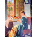 Die Ersten Sonnenstrahlen; Mädchen am Fenster Öl/Holz. Eine Frau in schönem Gewand