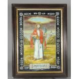 Heiliger Matthias Apostel Hinterglasmalerei. Vor naturtreuem Hintergrund ist Hl. Matth