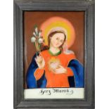 Herz Mariens Hinterglasmalerei. Darstellung der Heilige Maria mit ihrem Herz und der L